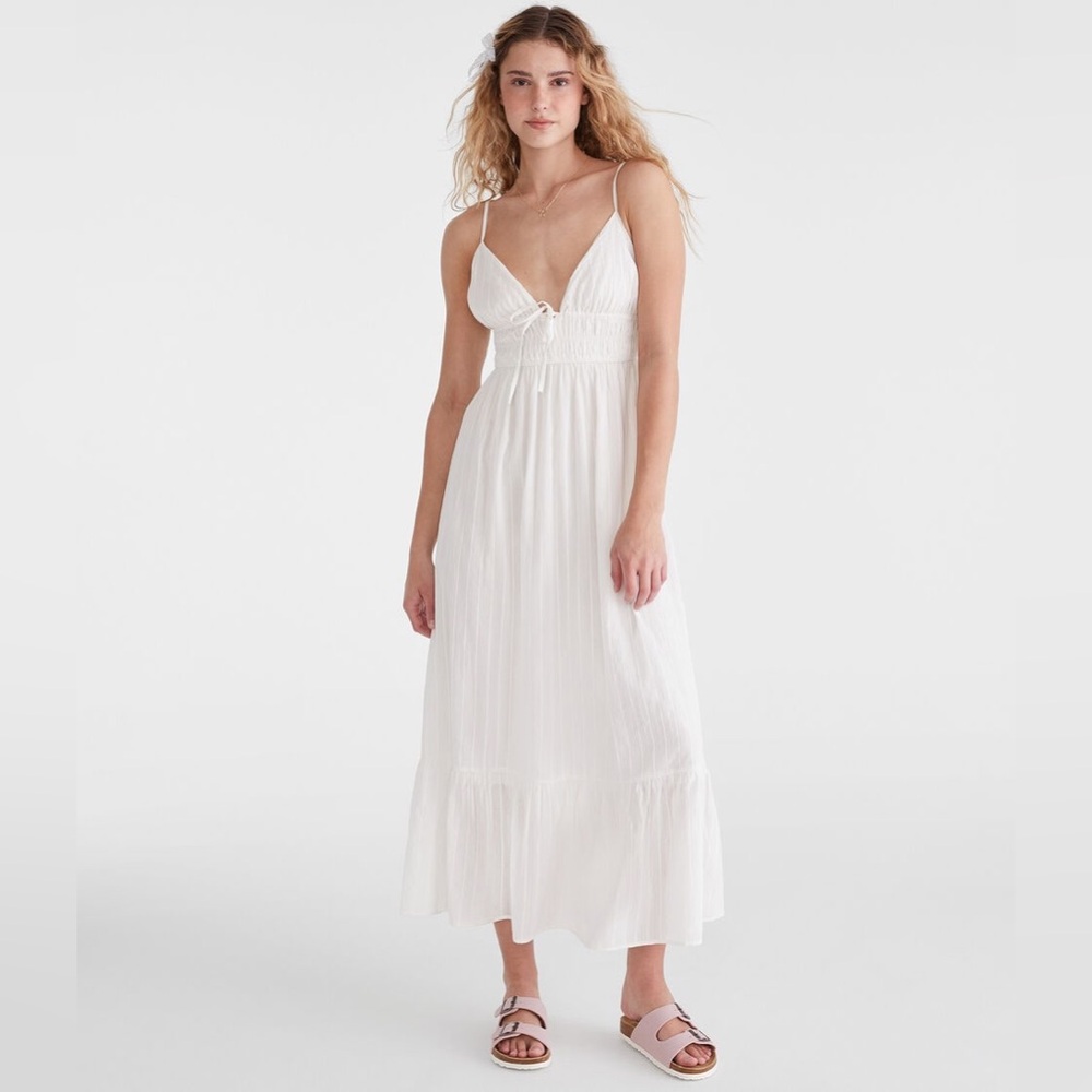 Aéropostale Textured Stripe V-Neck Tie-Front Maxi Dress Bridal Coastal Casual